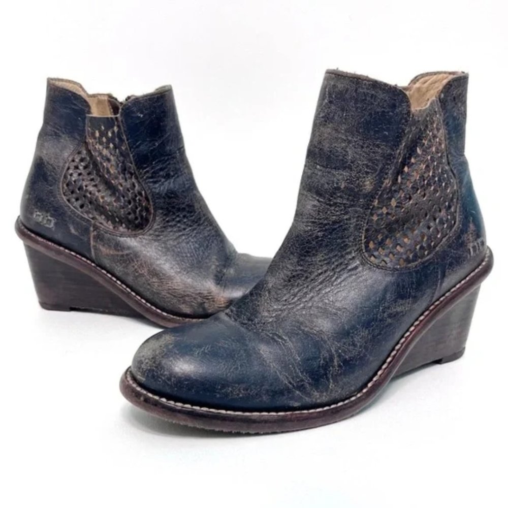 Bed Stu Dark Brown Distressed Leather Wedge Ankle Boots - Picture 3 of 9